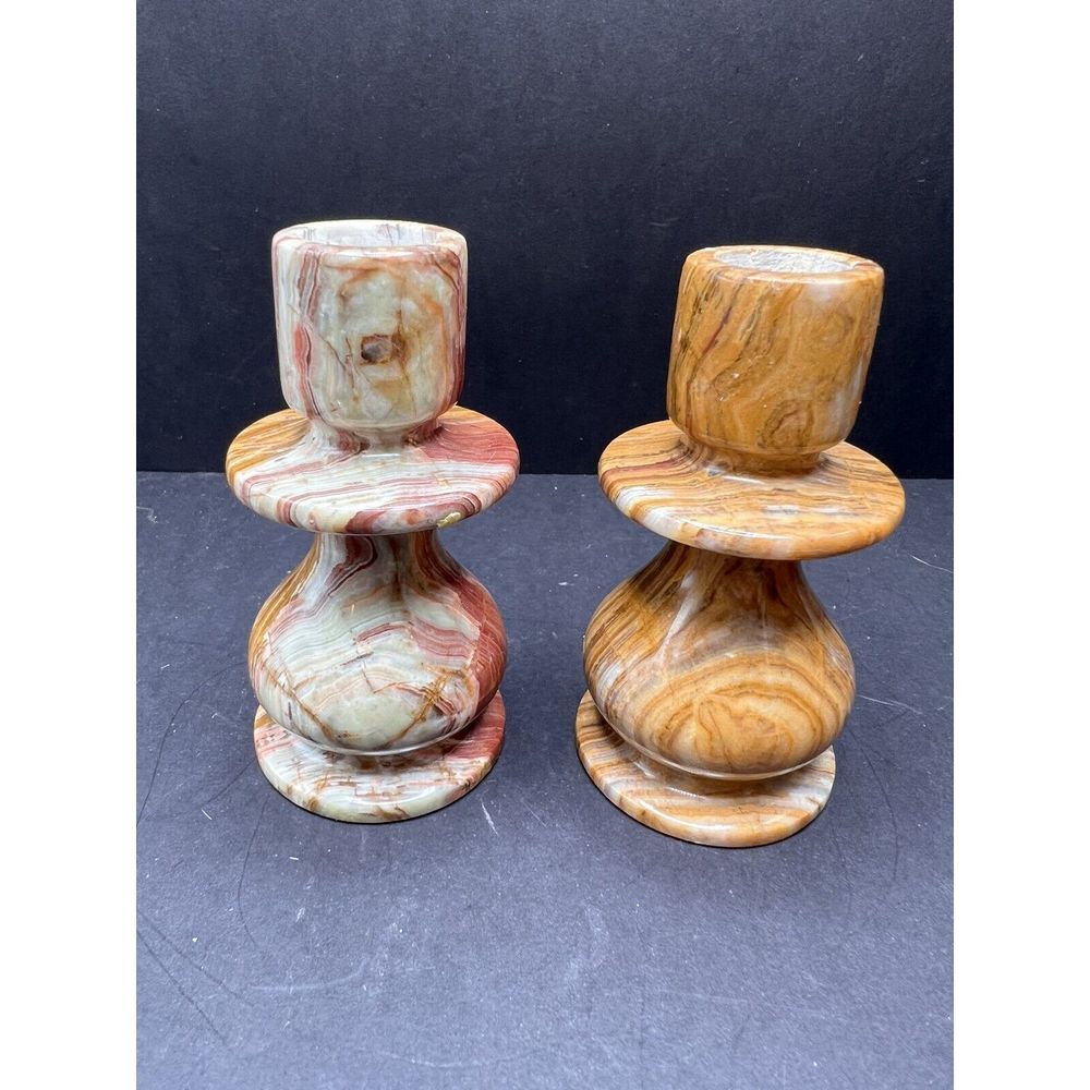VTG Set Of 2 Green Brown Onyx Candle Holders Hand Carved Italy? MCM
